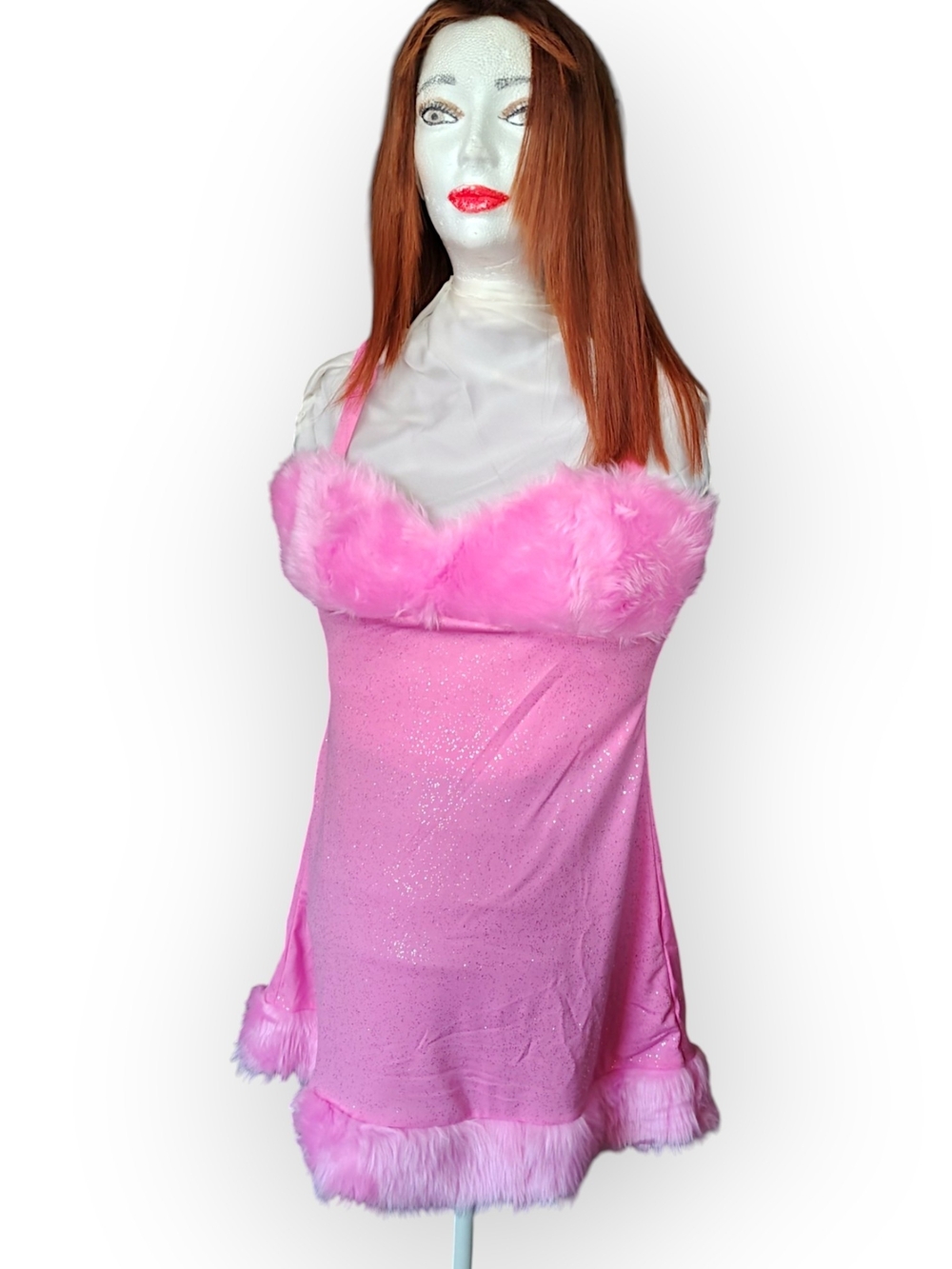 Dreamgirl Vintage Y2K Pink Glitter Faux-Fur Trim Satin Mini Dress Women's Medium